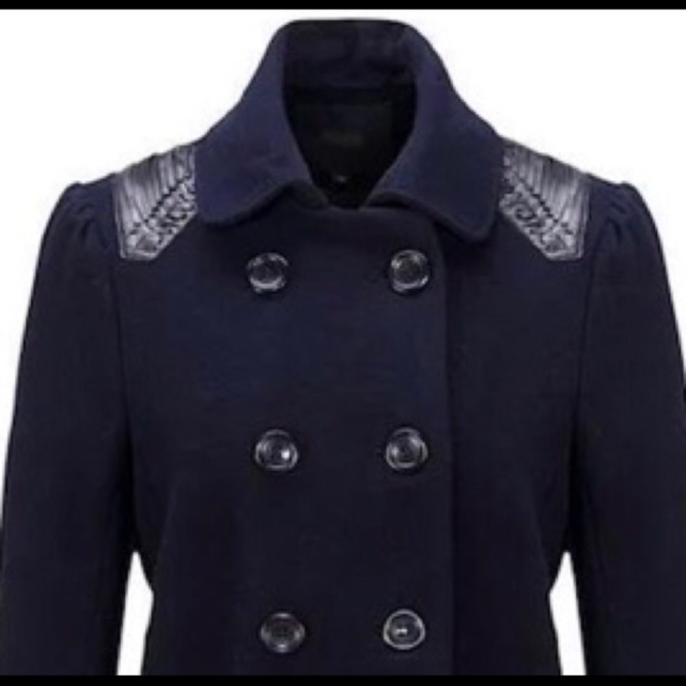 Maje Gabrielle navy pea coat with leather trim